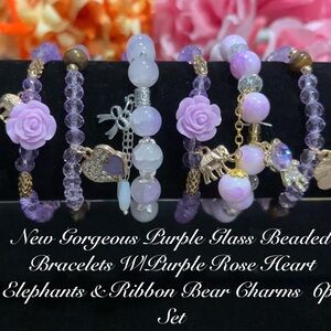 Springtime Glass Beaded Purple Bracelets W/Gold Heart Rose Elephant & Bear 6pc